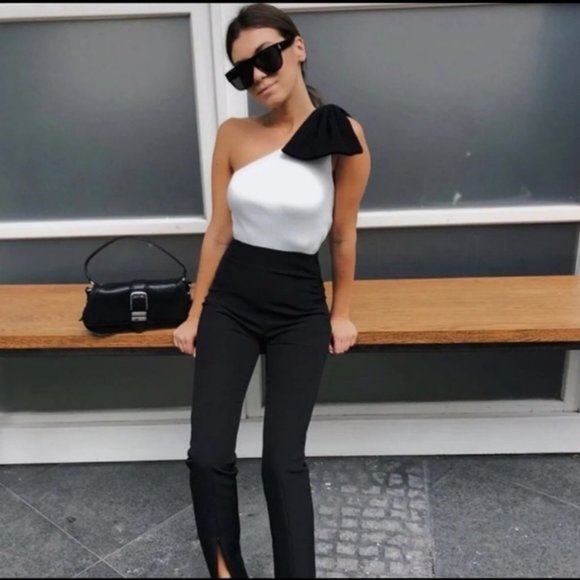 Zara | Tops | Zara One Shoulder Bow Top White Black Sz S Nwt | Poshmark